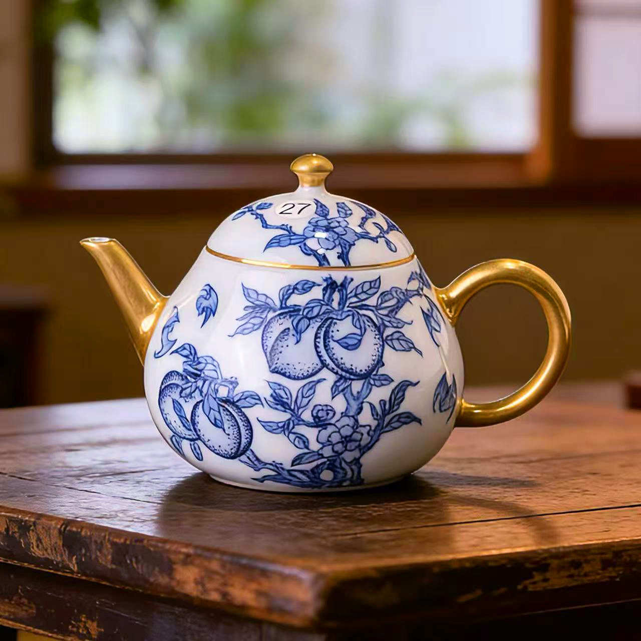 幸山窑手绘青花瓷石榴茶壶送礼