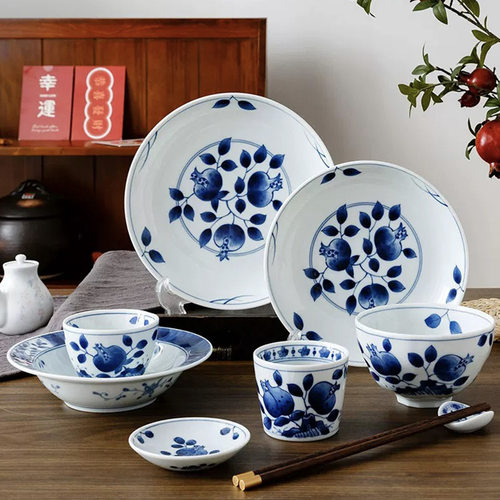 日本进口陶瓷餐具釉下彩青花石榴