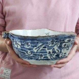 日本进口陶瓷餐具日式复古手绘山水冰裂釉粗陶导流大钵大汤面碗