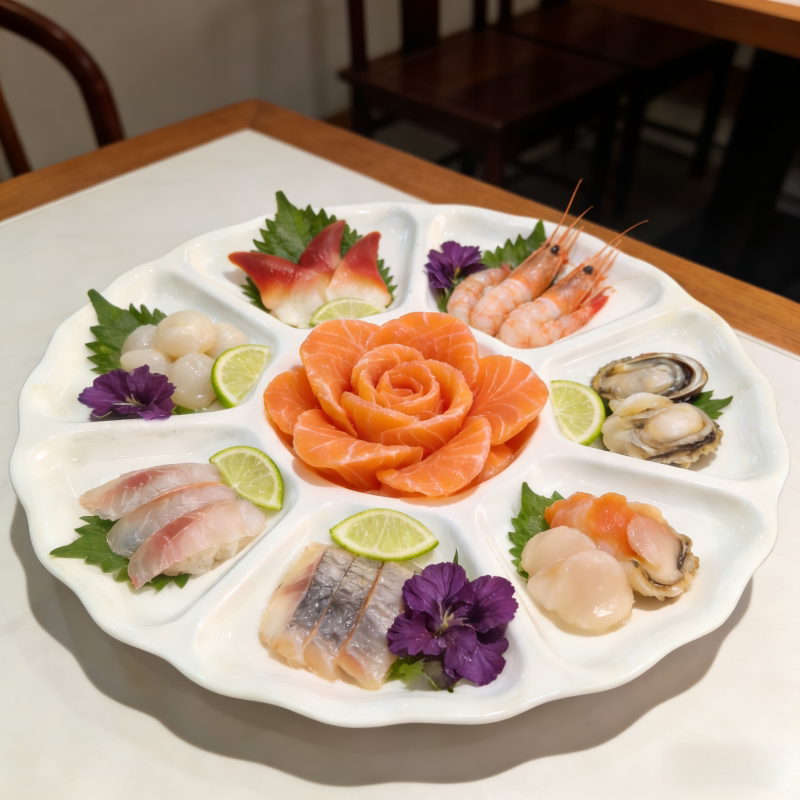  纯白陶瓷花瓣分格拼盘酒店宴席卤肉鱼生米线套盘家用零食分隔盘