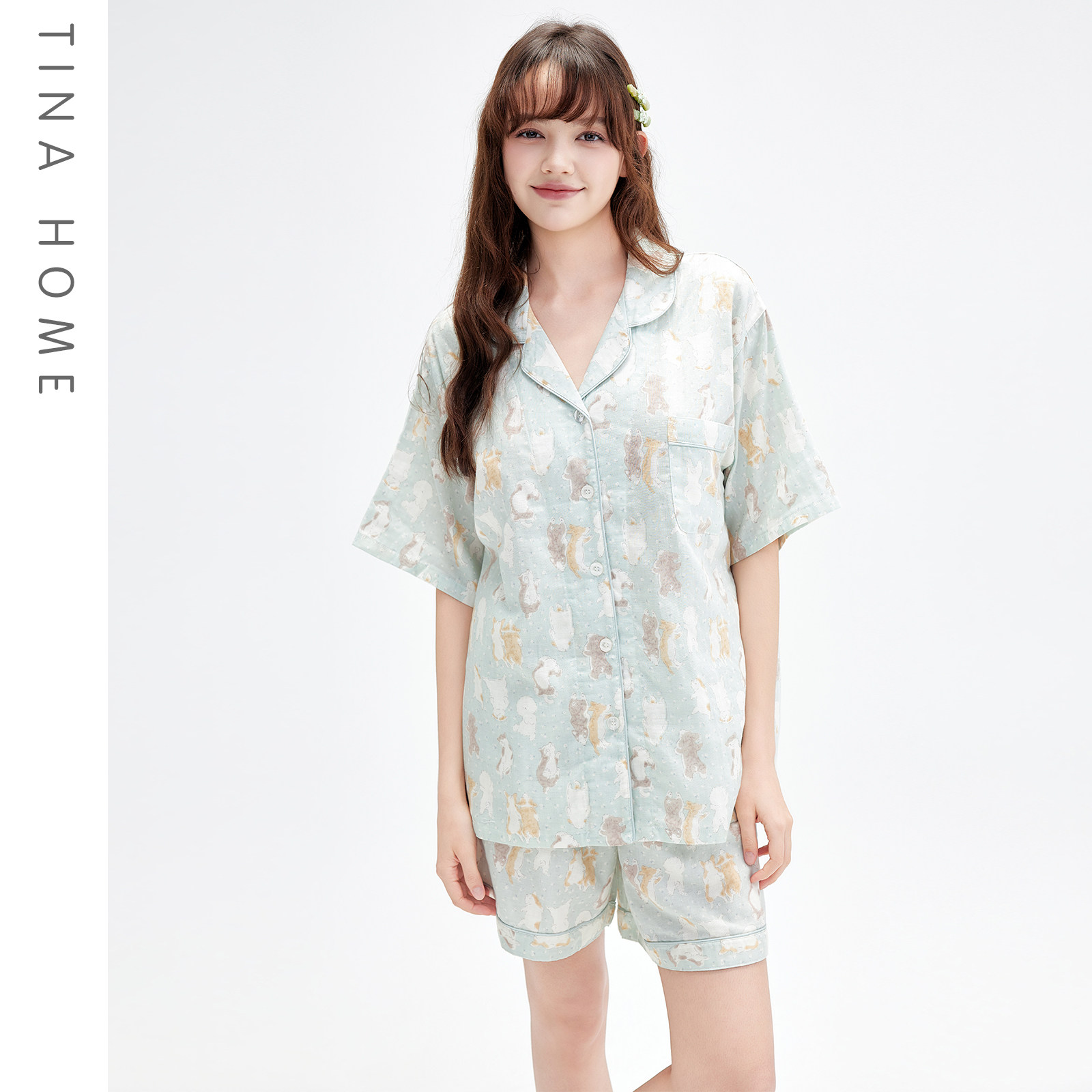 夏季女卡通狗狗开衫短袖睡衣套装