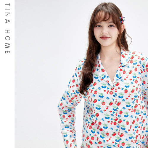 草莓花边纯棉纱布女睡衣套装
