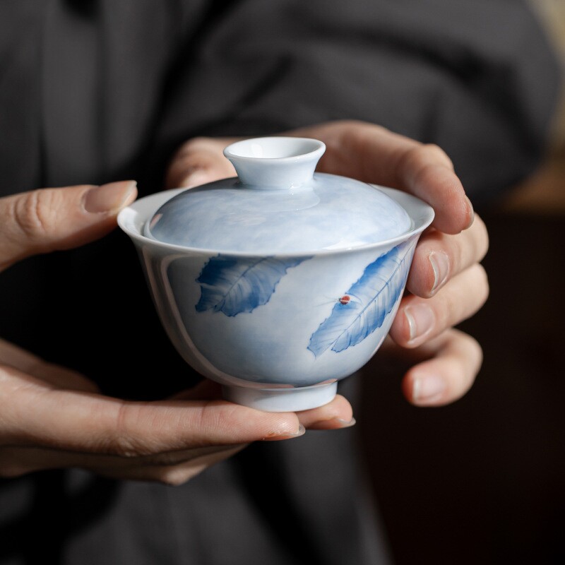 纯手绘芭蕉叶盖碗茶杯手工陶瓷薄胎泡茶碗小号功夫茶具不烫手
