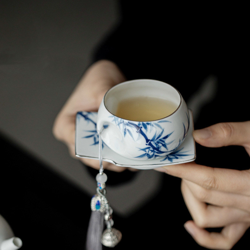 手绘青花竹子陶瓷茶杯主人杯女士精致单杯中式品茗杯套杯带流苏