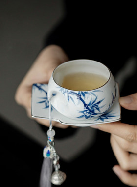 手绘青花竹子陶瓷茶杯主人杯女士精致单杯中式品茗杯套杯带流苏