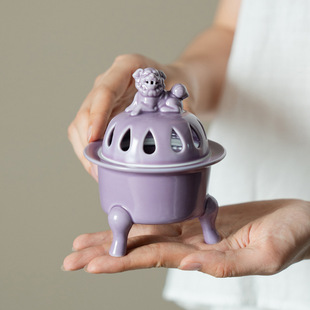 新中式暮山紫狮子香炉家用办公桌摆件免打扰香灰香薰插座陶瓷配件