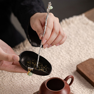 黑檀木手作好事花生茶则套装纯锡茶针现代轻奢迷你茶道配件