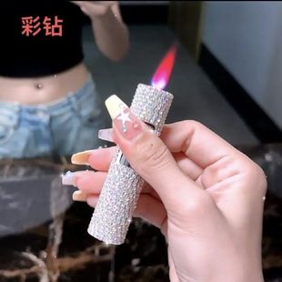 厂家直供镶钻贴钻水钻圆柱按压粉色火焰防风充气打火机抖音爆款