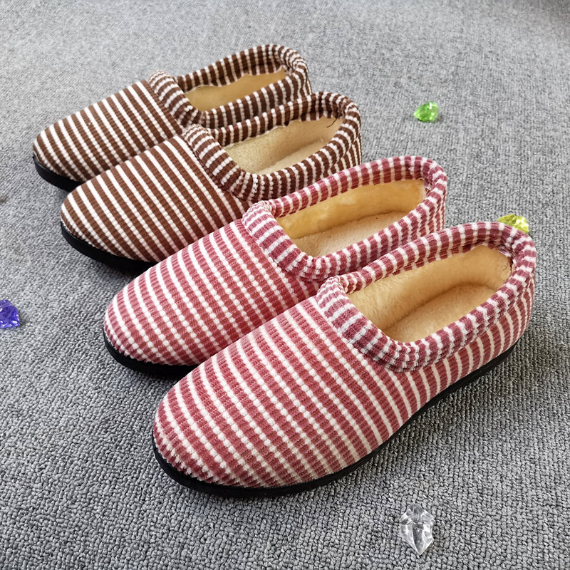 冬季家居女棉鞋包跟可爱条纹室内外棉拖鞋防滑加绒保暖软底妈妈鞋
