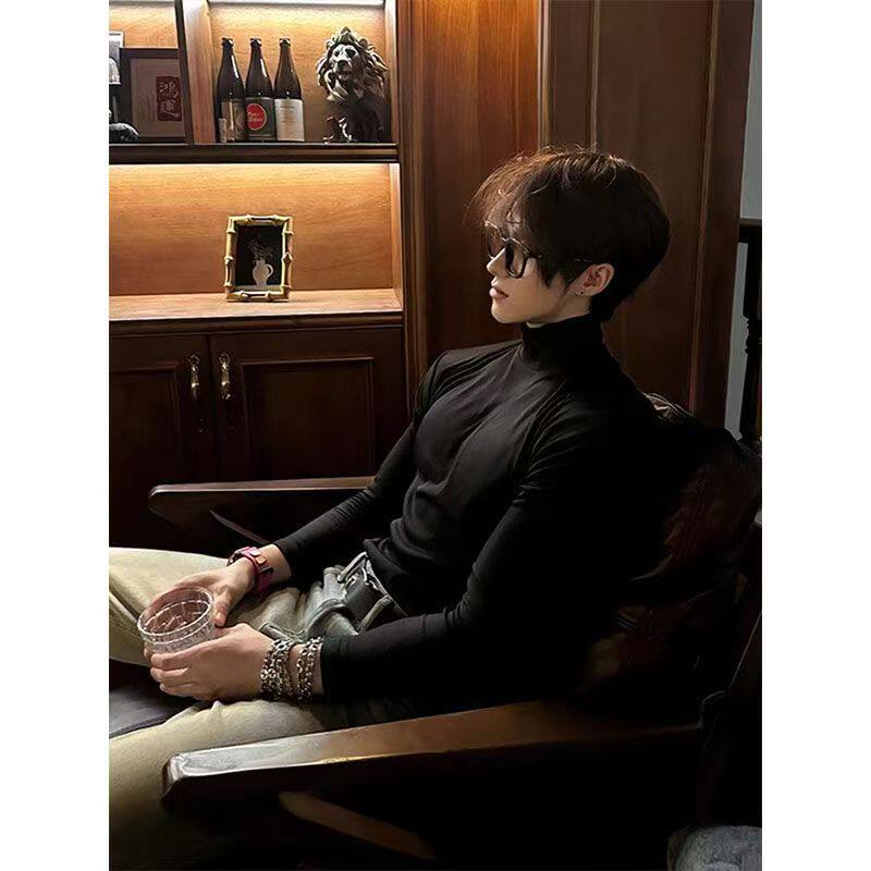 黑色高领德绒男士打底衫男款秋冬季美式正肩长袖t恤痞帅内搭