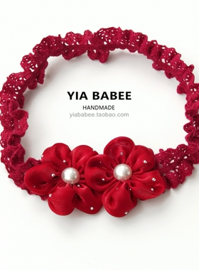 婴儿护囟门发带花朵甜美百天生日女宝宝头饰婴幼儿发饰红色不勒头