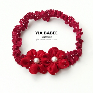 婴儿护囟门发带花朵甜美百天生日女宝宝头饰婴幼儿发饰红色不勒头