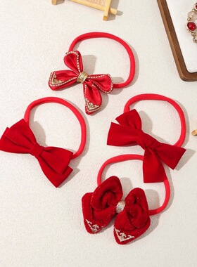 红色蝴蝶结发圈女本命年喜庆新年发饰头绳婴幼儿发饰发带高弹头花