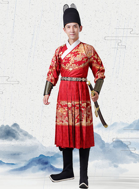 新式汉服男明朝锦衣卫服装大明风华飞鱼服曳撒麒麟红色中式伴郎服