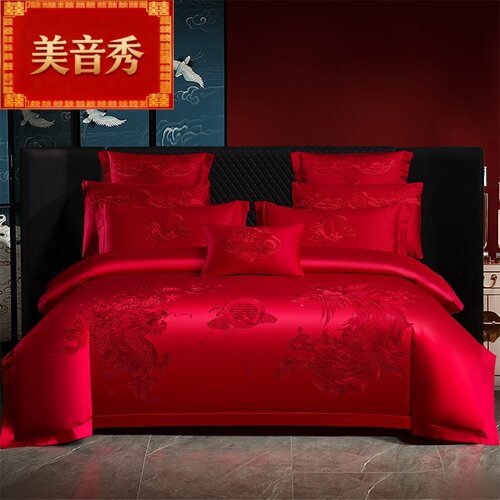 结婚四件套大红刺绣床品
