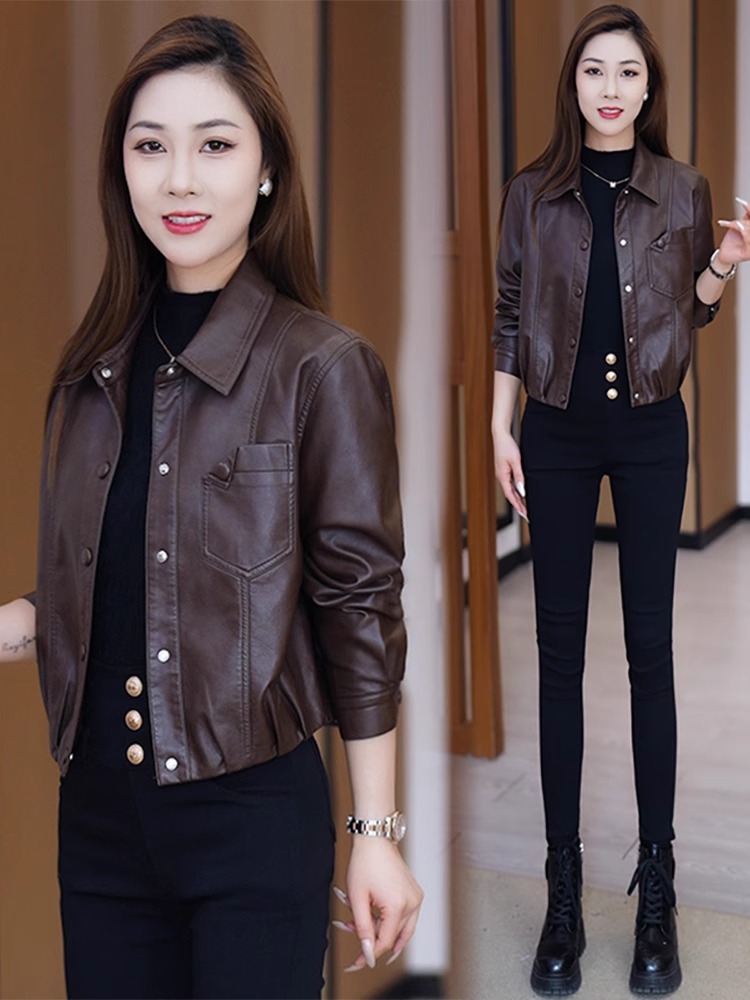 真皮皮衣外套女短款2025春季新款时尚洋气显瘦翻领绵羊皮夹克上衣
