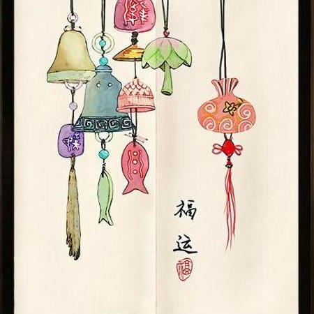 新中式棉麻布门帘装饰画三联竖款客厅饭店茶楼灯笼挂画遮挡风保暧图片