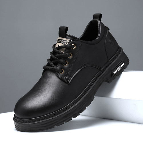 鞋子男2025年潮流百搭工装鞋黑色耐磨耐脏皮面板鞋韩版休闲工装鞋