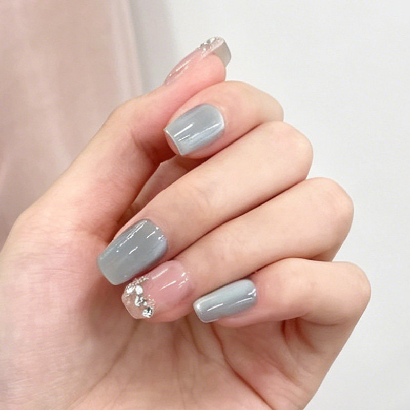 ins风闪钻蓝色猫眼短方圆短款纯手工穿戴甲手作美甲假指甲