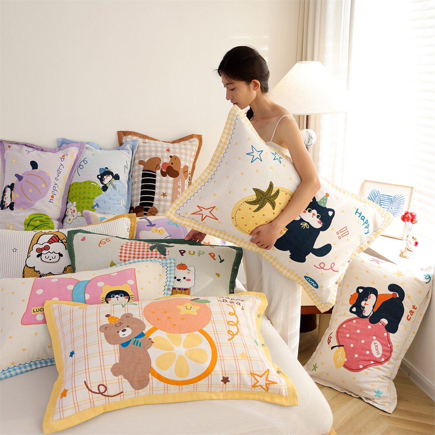 按扣式纯棉纱布枕套一对装