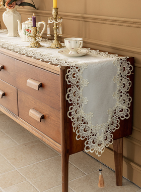 法式复古蕾丝桌旗白色绣花电视柜茶几钢琴防尘盖巾餐桌桌垫装饰布
