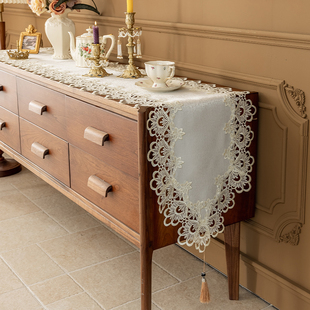 法式复古蕾丝桌旗白色绣花电视柜茶几钢琴防尘盖巾餐桌桌垫装饰布