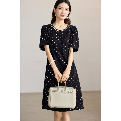 素木时尚波点钉珠黑色连衣裙女2025年夏季新款中长裙欧货大码女装