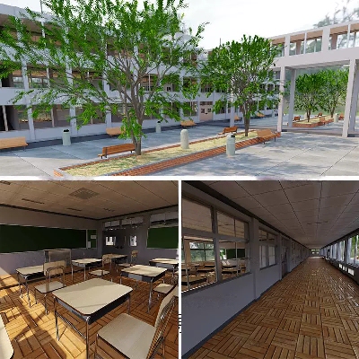 Blender学校教室走廊户外院子课桌场景模型建模素材cycle渲染1974