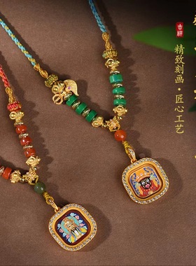 新款方形黄铜擦擦嘎乌盒吊坠绳项链民族风手绘随身立体唐卡项链