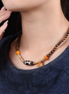 新中式藏传民族风三眼坛城玛瑙虎牙天珠复古美拉德项链串珠锁骨链