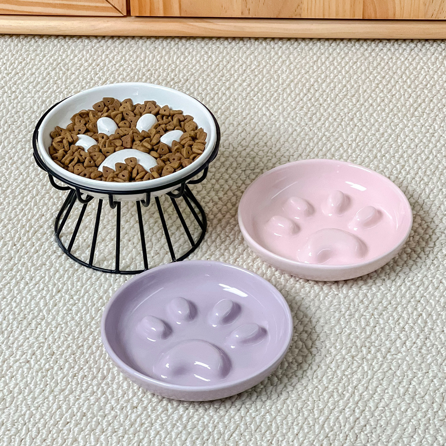 简约风猫爪慢食盘带条纹铁架高脚碗架陶瓷宠物碗猫碗狗碗防噎缓食