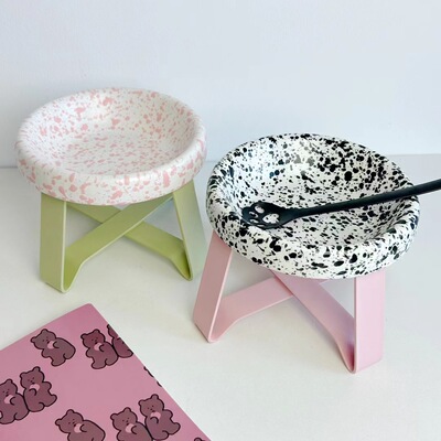 pecolo泼墨碗陶瓷材质BD韩国飞碟宠物碗托架防护颈防滑矮脚猫碗