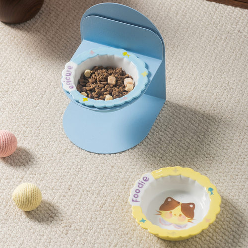 手绘猫狗图案陶瓷碗带磁吸铁架家用防打翻宠物碗猫碗狗碗护颈水碗