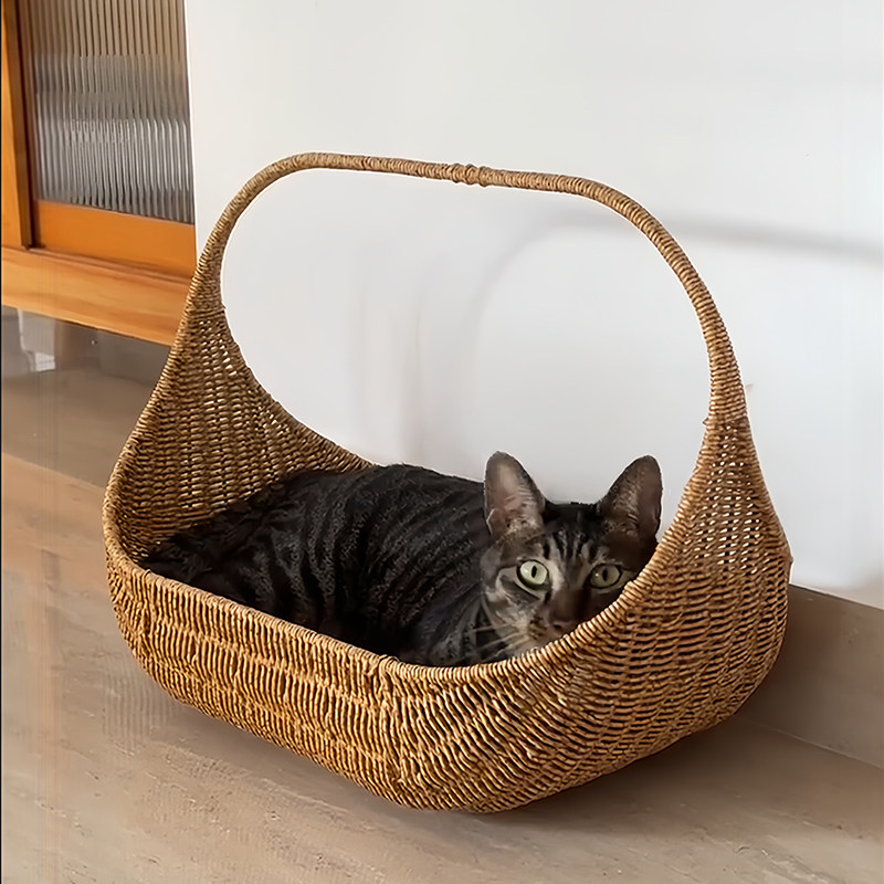宠物窝藤编猫窝四季通用夏天菜篮子猫床布偶猫专用半封闭式编织窝