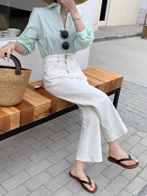 Kabodo83488阔腿牛仔裤女卡布2024夏新款直筒裤米白色九分奶奶裤