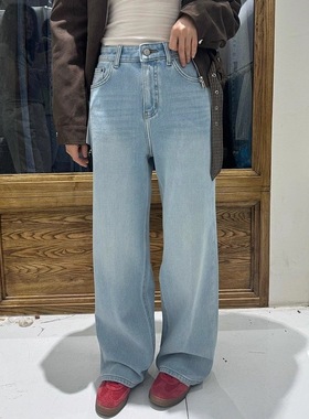 Kabodo92207A卡布加绒牛仔裤女2025冬新款高腰浅色磨毛阔腿拖地裤