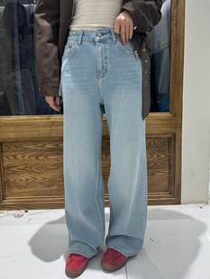 Kabodo92207A卡布加绒牛仔裤女2025冬新款高腰浅色磨毛阔腿拖地裤