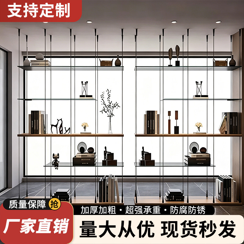 极简轻奢铝合金圆管置物架吊架书架收纳架悬挂落地立柱装饰展示架