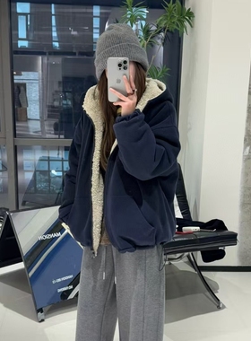 实拍冬保暖韩系防风两面穿连帽加厚卫衣仿羊羔毛毛茸茸外套11281