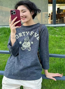 实拍！韩系秋季新款休闲纯棉粗纹理小熊字母印花宽松长袖T恤09091