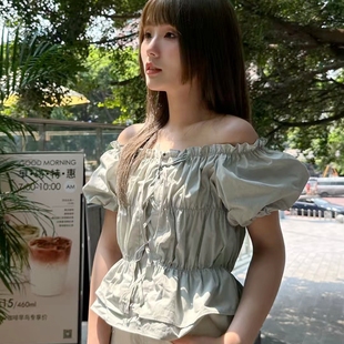 新品 捏褶系带一字肩两穿短款 日系猫西夏季 甜美风泡泡袖 女 短袖 衬衫