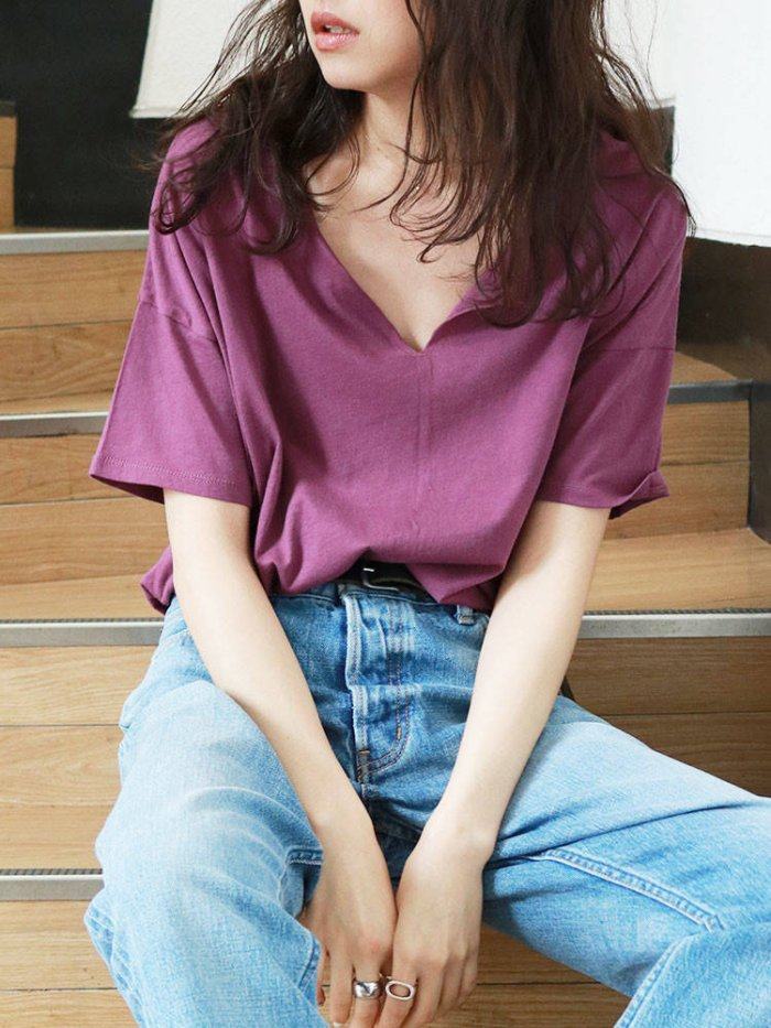 春夏日系原d休闲百搭纯色棉质小v领宽松休闲短袖t恤tee 上衣 女