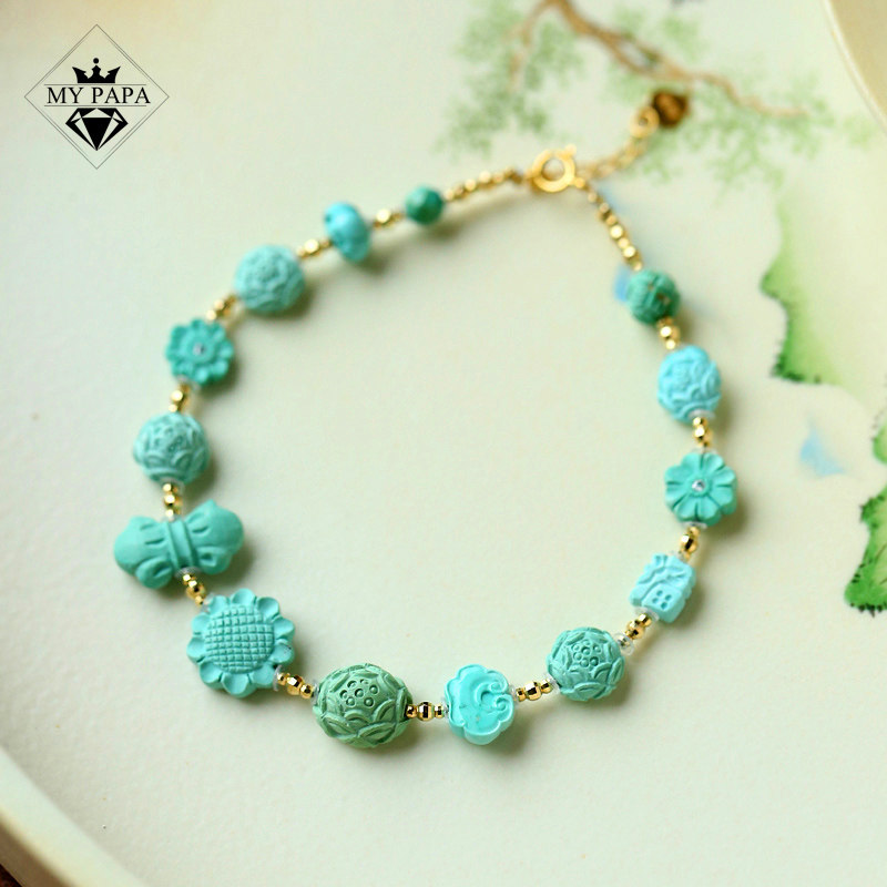 MYPAPA水晶彩宝毕业级苏工精雕秦古料高瓷绿松石18K金手链手串女