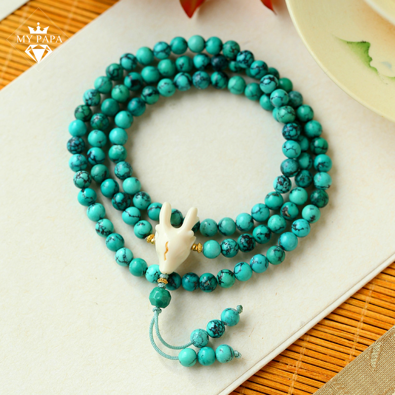 MYPAPA水晶彩宝毕业级高瓷高蓝秦古料铁线纹绿松石多圈手串手链