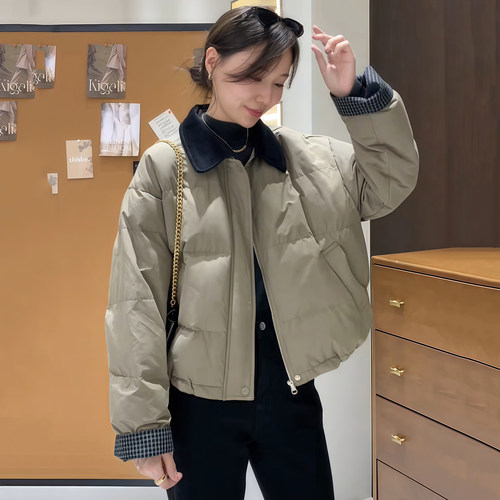 翻领拼色加厚夹棉面包服棉衣女2025冬新款韩版宽松POLO领棉服外套