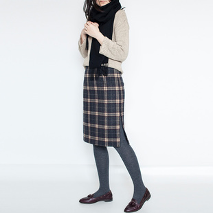 秋冬羊毛呢格子包臀半身裙日式 侧开叉直筒中裙一步裙 修身