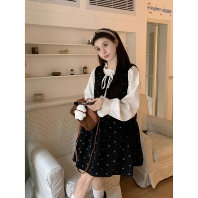 秋冬一整套穿搭甜美波点气质无袖黑色连衣裙叠穿长袖衬衫两件套女