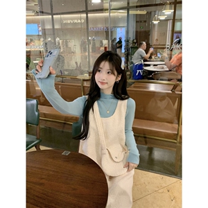 2024秋冬款显瘦长袖打底衫呢子背心裙连衣裙显瘦时尚洋气两件套装