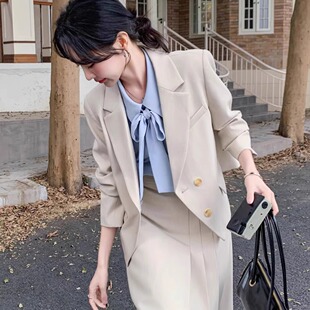 A字半身裙通勤小个子两件套 米色西装 韩系气质套装 女2025早春新款