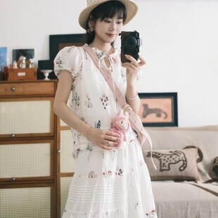 夏季一整套搭配套装简约甜美碎花花苞袖上衣复古高腰半身裙套装